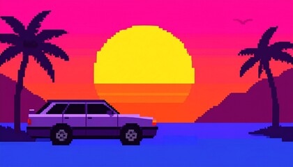 Sunset Beach Car Pixel Art.