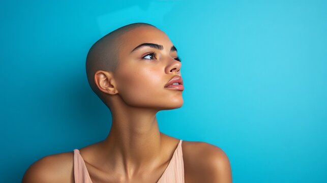 Beautiful woman with buzz cut against blue background