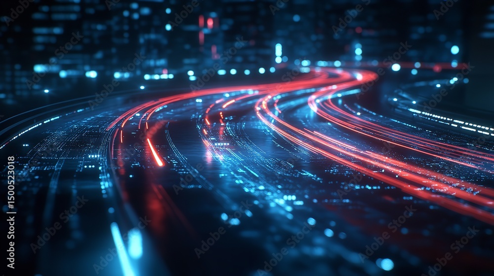 Poster abstract digital highway red blue neon lights technology background data flow glow speed lines cyber