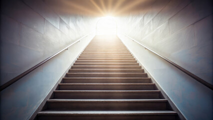 Bright light shines top of spiral staircase, creating spiritual and uplifting atmosphere. steps lead upward, symbolizing hope