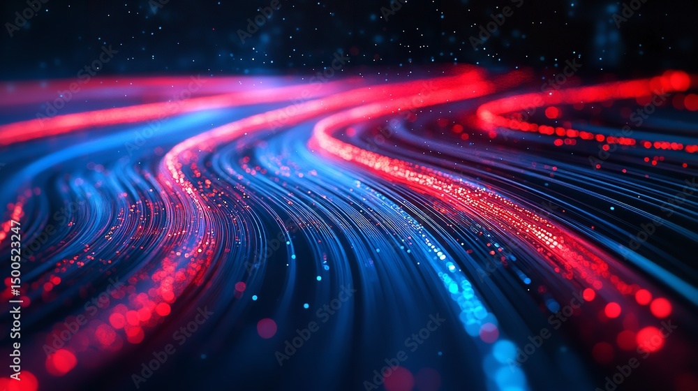 Poster abstract red blue digital flow lines dynamic energy technology background art wave data curve light