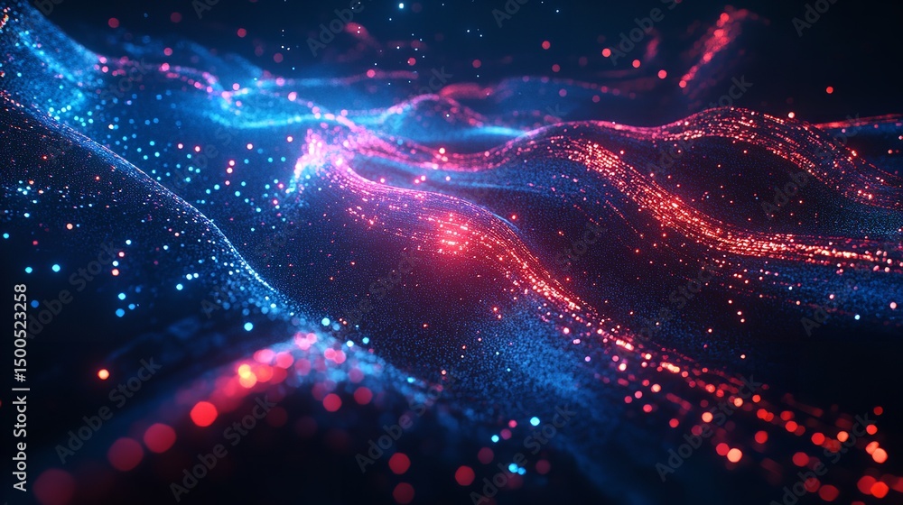 Poster abstract red blue particle wave digital art background 3d light shiny space color design energy