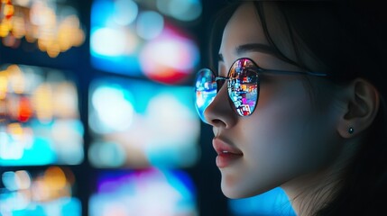 Woman with glasses reflecting digital data screens