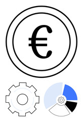 Euro symbol centered in a circle, accented by a gear and pie chart. Ideal for currency, finance, economy, analytics, business strategy, investment tracking, and a simple landing page