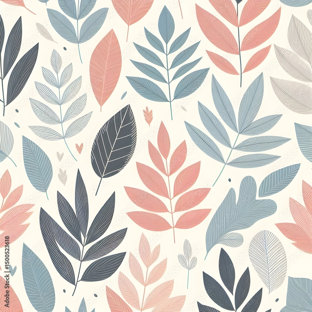 Poster flat pastel leaf illustrations creating a soft seamless nature design in modern and minimalist botan