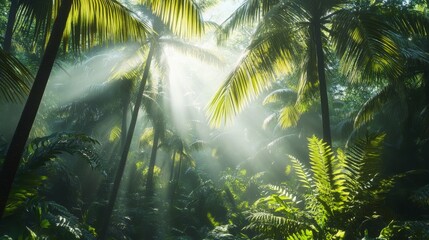 Naklejka premium Sunbeams through lush tropical rainforest