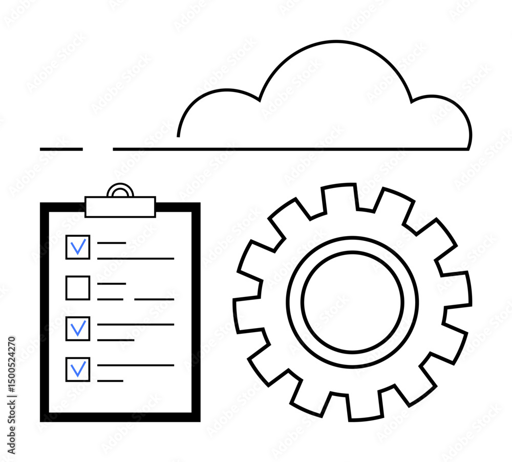 Poster cloud, checklist with checkboxes, gear emphasizing workflow, efficiency, and data management. ideal 