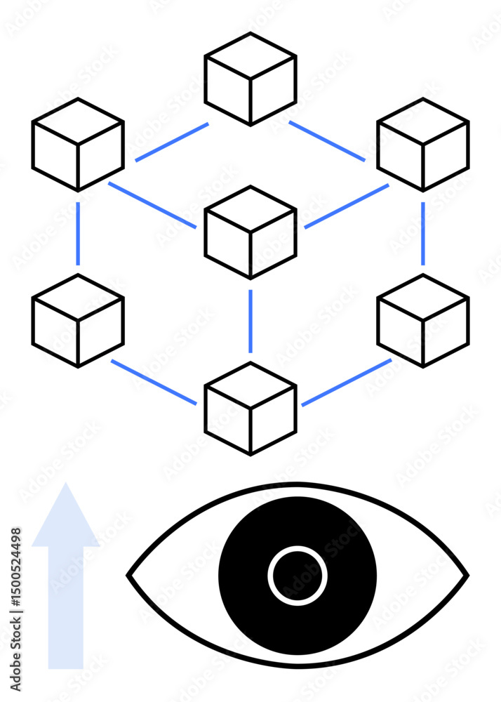 Poster interconnected cubes forming a decentralized network with an eye symbol below, representing visualiz