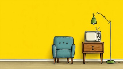 Retro Teal Armchair and Vintage TV in Yellow Room Illustration