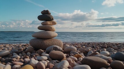 Fototapeta premium Serene stacked stones on a pebble beach seascape