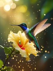 Hummingbird Hovering Near Yellow Hibiscus Flower with Water Droplets in Sunlight
