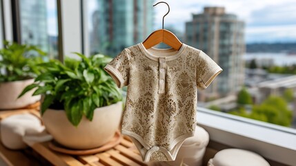 Golden patterned baby onesie on urban balcony display