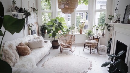 A cozy, bright living room filled with plants and light.