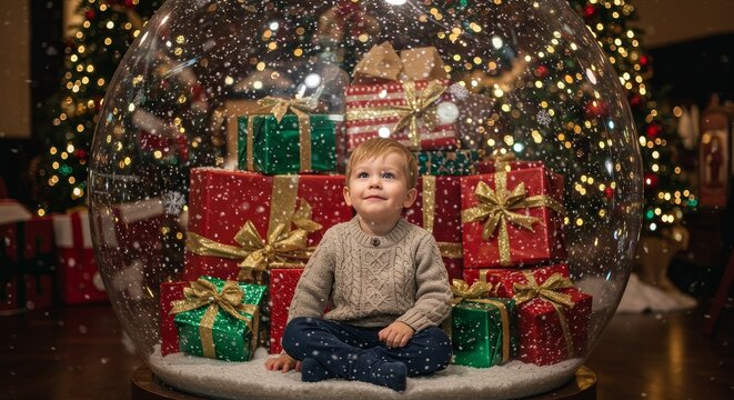 Photo of a Happy Young Boy Inside a Snow Globe with Christmas Gifts