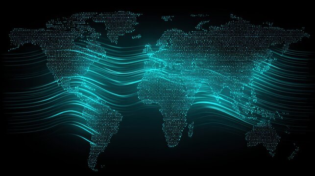 Intricate world map overlaid with binary code representing capital flow sentiment and elegant pulse visualization