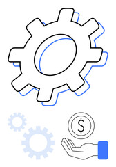 Gear and cogs representing process, hand holding coin symbolizing finance. Ideal for business, technology, management, efficiency, finance, productivity, simple landing page