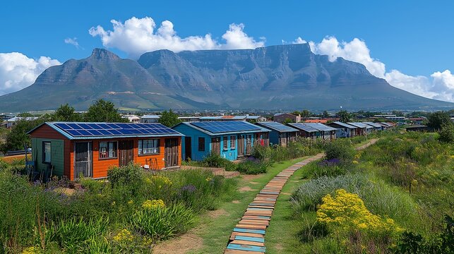 Informal settlement - Enkanini with mountain and blue sky on the outskirts of Stellenbosch, Western Cape province, South Africa. Many shacks in Enkanini have solar panels for access to electricity