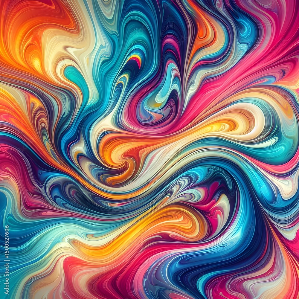 Poster rainbow-colored abstract marble swirl with smooth texture and playful curves in high saturation vibr