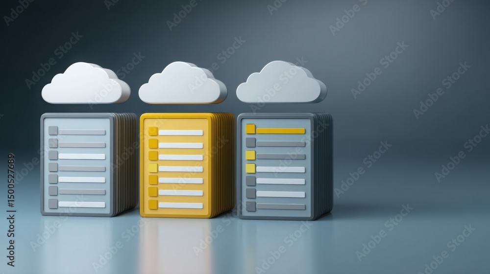 Poster two servers with a cloud above them representing a policy compliance dashboard icon concept for data
