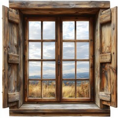 Rustic wooden window frame showcasing serene autumn landscape vista