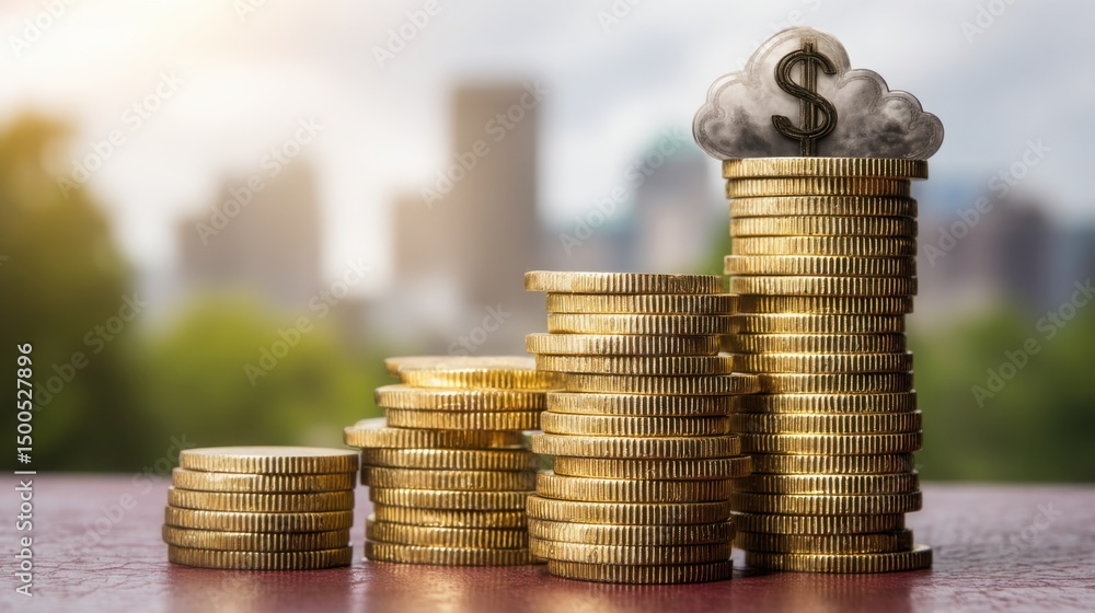 Poster cloud hovering above a stack of coins symbolizing economic considerations and financial decision mak