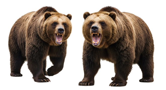 Two brown bears standing side by side with their mouths open in a display of aggression and power isolated on transparent background
