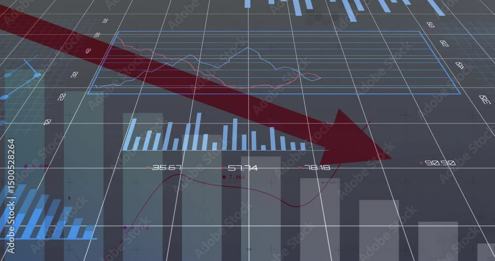 Poster 3d bars rising histogram pies appearing ring chart updating sweeping red arrow showing data decline