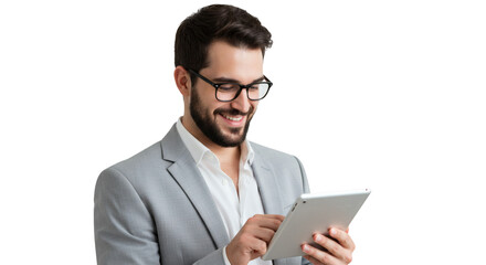Smiling man in a suit and glasses using a tablet device with a cheerful expression on his face isolated on transparent background