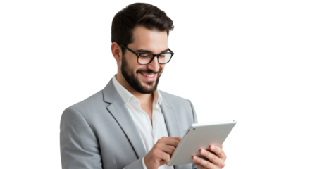 Smiling man in a suit and glasses using a tablet device with a cheerful expression on his face isolated on transparent background