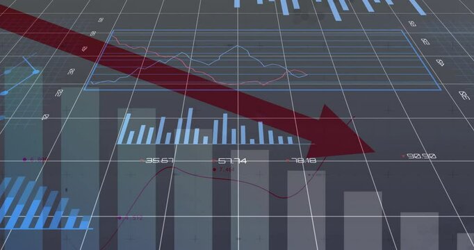 3D bars rising histogram pies appearing ring chart updating sweeping red arrow showing data decline