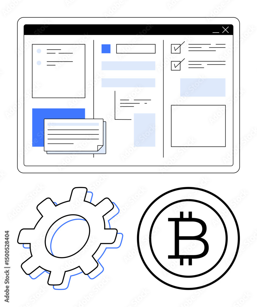 Aufkleber digital dashboard interface with forms and checkboxes connected to a gear and bitcoin sign. ideal fo