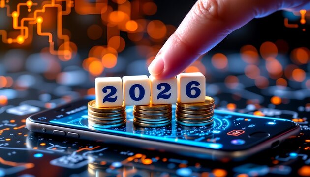 digital banking revolution: finger swiping "2026" blocks on smartphone shaped coin stacks. app interface glow, blurred qr code background, fintech minimalism. - Powered by Adobe