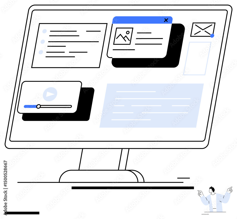 Poster desktop screen featuring interactive interface panels with messaging, multimedia player, text conten