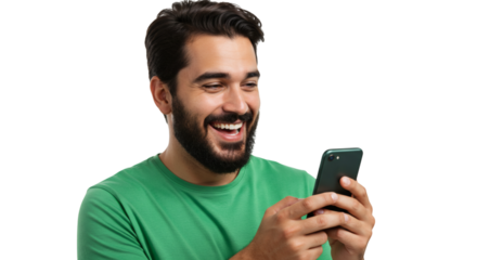 A man in a green shirt laughing while looking at his phone with a joyful expression on his face isolated on transparent background