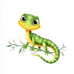 Obraz premium Cute Green Cartoon Lizard on Branch