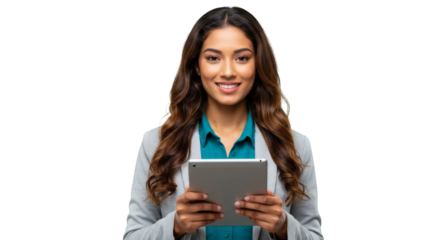 Smiling woman in blazer holding a tablet device with a cheerful expression on her face isolated on transparent background
