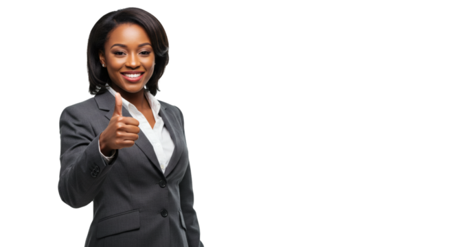 Professional woman in a suit giving a thumbs up with a positive expression on her face looking ahead isolated on transparent background