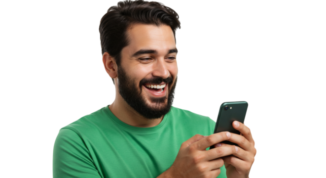 A man in a green shirt laughing while looking at his phone with a joyful expression on his face isolated on transparent background