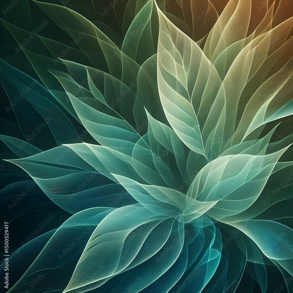 Poster elegant gradient background of translucent overlapping leaves with glowing outlines in soft natural 