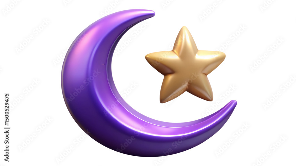 Poster a crescent moon in purple with a golden star floating beside it in a digital rendering style isolate