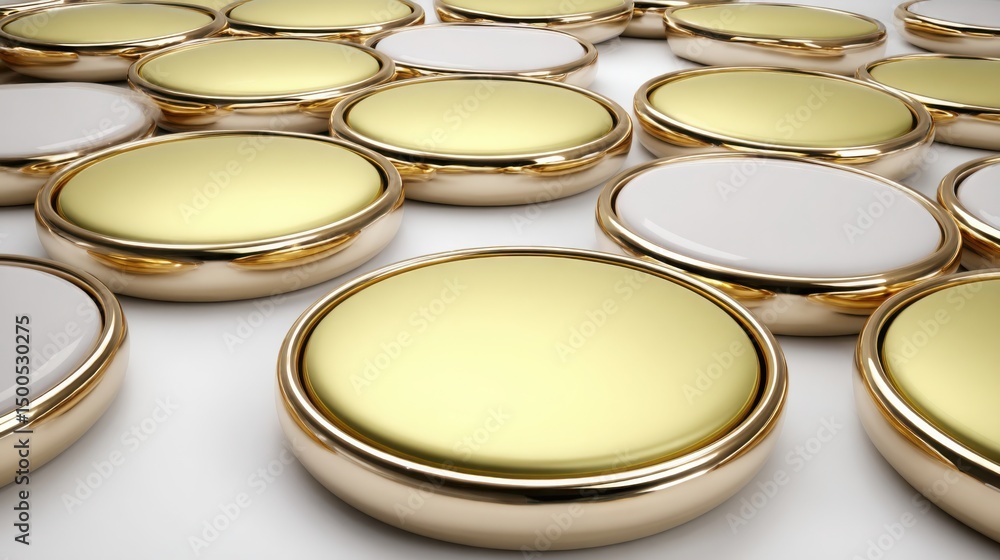 Poster collection of shiny gold and silver circular objects arranged together in an eye-catching display of