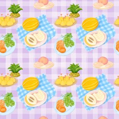 Seamless pattern with summer picnic and fruit on pastel Purple