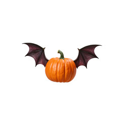 Orange pumpkin with black bat wings spread wide, isolated on clean white background for Halloween decor.