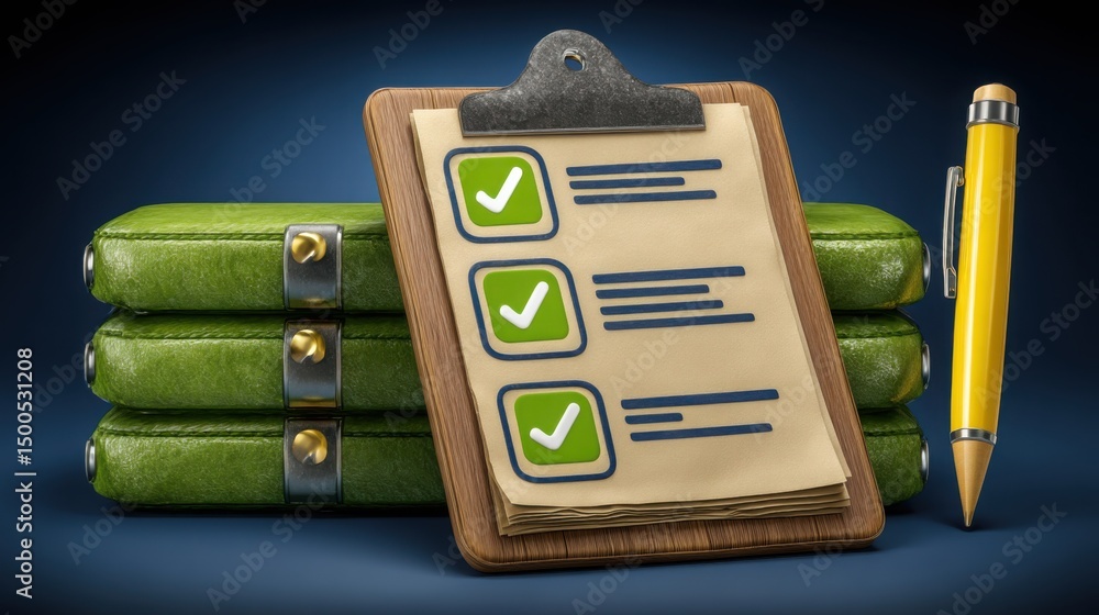 Poster detailed view of a clipboard with a checklist and pen symbolizing organization and productivity in d