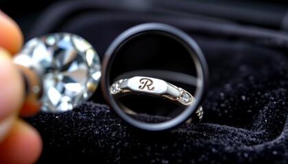 jewelry trademark inspection: diamond loupe zooming into ® engraving on wedding ring band. black velvet backdrop, spotlight focus, luxury brand trust concept.