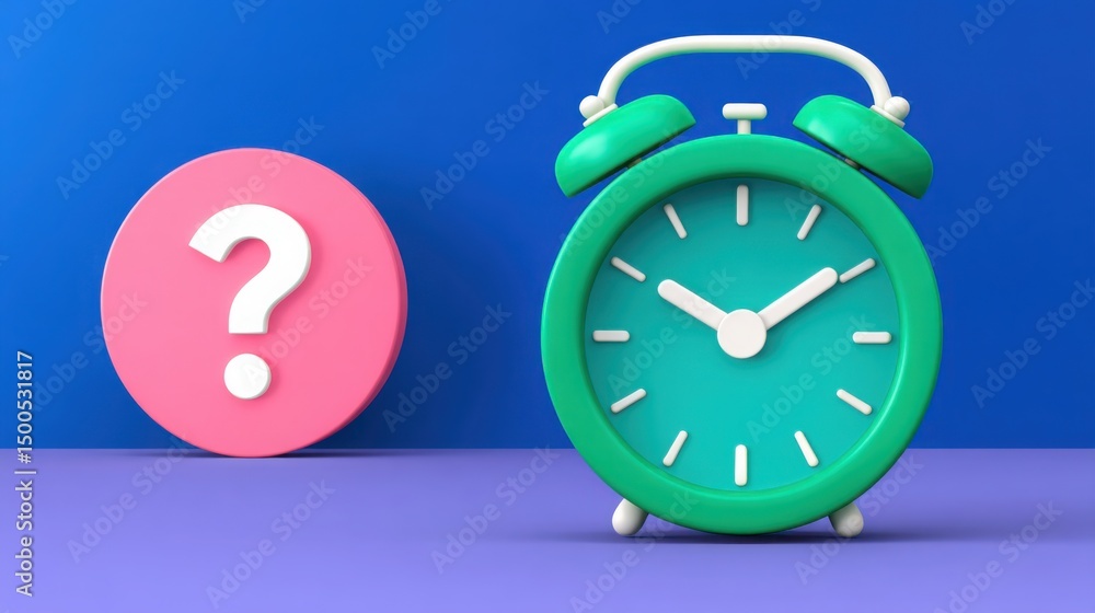 Poster green alarm clock with question mark representing quantum-enhanced price rhythm timing modeler conce