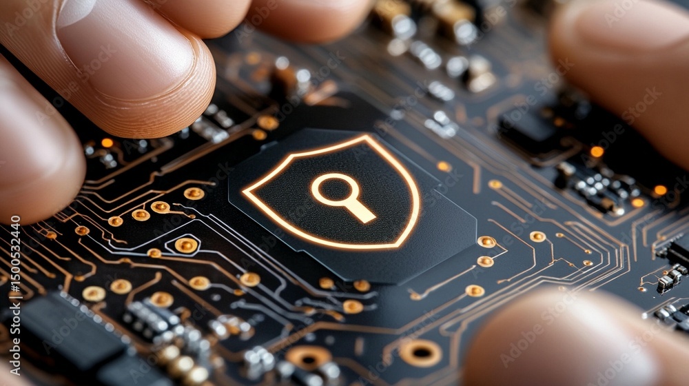 Poster hands protecting a circuit board with a security shield and magnifying glass