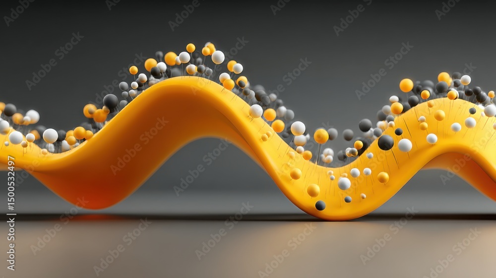 Poster a dynamic yellow wave composed of numerous spheres creating a captivating visual rhythm and movement