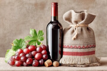 Naklejka premium Rustic Still Life Red Wine Bottle with Grapes and Burlap Sack