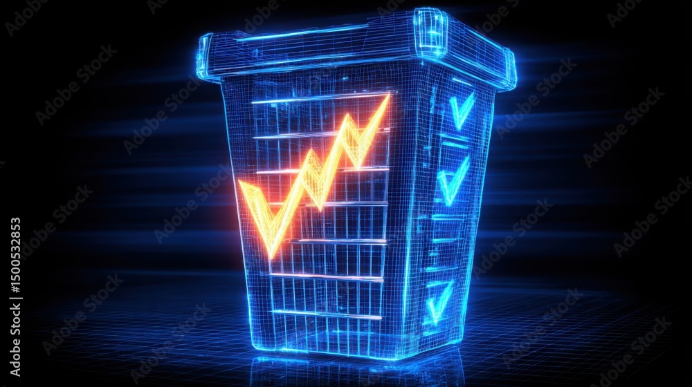 Poster a 3d glass featuring a bright glowing arrow signifying quantum-filtered fib decision core engineerin